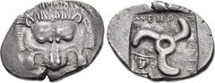 Greek DYNASTS of LYCIA. Mithrapata. Circa 390-370 BC. AR Stater (25mm, 9.73 g, 7h). Facing lion scalp / Triskeles; to left, head of Hermes facing slightly left, wearing petasos and drapery at neck, wi