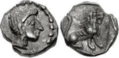 Greek SAMARIA. Circa 375-333 BC. AR Tetartemorion (6mm, 0.17 g, 3h). Head of female right / Lion seated right. Meshorer & Qedar 177; HGC 10, –. EF, toned. Excellent metal. Exceptional.