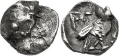 Greek SAMARIA. Circa 375-333 BC. AR Tetartemorion (6mm, 0.16 g). Indistinct type / Owl standing right, head facing; olive spray to left; all within incuse square. Cf. Meshorer & Qedar 209 (obol); HGC 