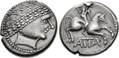 Celtic CENTRAL EUROPE, Noricum (West). 1st century BC. AR Tetradrachm (21mm, 9.23 g, 9h). Head of Apollo to right, wearing a laurel wreath in the form of a diadem / Warrior, holding spear aloft in rig