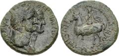 Roman Provincial LYDIA, Mostene. Titus & Domitian. As Caesars, AD 69-79 and AD 69-81. Æ (20mm, 4.80 g, 12h). Laureate heads of Titus and Domitian, jugate, right / Hero, holding bipennis over shoulder,