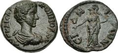 Roman Provincial PAMPHYLIA, Side. Commodus. As Caesar, AD 166-177. Æ (19mm, 3.52 g, 6h). AVT KAIC Λ A KOMMOΔON, bareheaded, draped, and cuirassed bust right / CI ΔH T ωN, Athena standing facing, head 