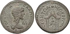 Roman Provincial PAMPHYLIA, Side. Salonina. Augusta, AD 254-268. Æ 11 Assaria (31mm, 16.29 g, 1h). Draped bust right, wearing stephane; IA (mark of value) before / Tyche seated left on rocks; at feet,