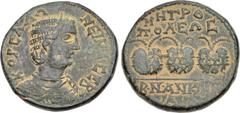 Roman Provincial GALATIA, Ancyra. Salonina. Augusta, AD 254-268. Æ (27mm, 12.03 g, 1h). Actian Pythian Games Issue. Draped bust right, wearing stephane / Three prize crowns, each containing two palms 