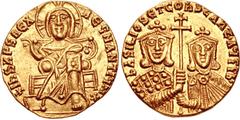 Byzantine Basil I the Macedonian, with Constantine. 867-886. AV Solidus (19mm, 4.35 g, 6h). Constantinople mint. Struck circa 871-886. Christ Pantokrator enthroned facing / Facing busts of Basil and C