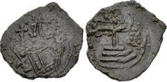 Early Medieval & Islamic CRUSADERS, Cyprus. Richard. King of England, 1189-1199. Æ Tetarteron (17mm, 1.08 g, 9h). Crowned facing bust, holding cross-tipped scepter and globus cruciger / Cross on three