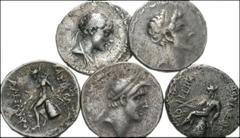 SELEUKID KINGS of SYRIA. Lot of five AR Tetradrachms. Lot includes: Antiochos IV. Houghton 1085 (this coin) // Demetrios I. Houghton 1096 (this coin) // Same. Houghton 1320 (this coin) // Alexander I 