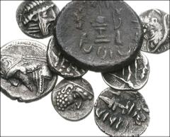 [Oriental Greek] KINGS of PERSIS. Lot of eight (8) coins. Lot includes: Unknown King I. Circa mid-late 2nd Century BC. AR Obol ((0.55 g). Alram 553 (1) // Darios (Darev) I. Circa late 2nd century BC. 