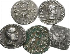 [Oriental Greek; Central Asian coinage, ancient] KINGS of BAKTRIA and INDO-SCYTHIAN KINGS. Lot of five (5) AR Drachms. Lot includes: Kings of Baktria. Lysias. Circa 120-110 BC. Helmeted bust right / H