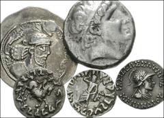 [Greek; Oriental Greek; Central Asian coinage, Medieval]. SELEUKID KINGS of SYRIA; KINGS of BAKTRIA; SASANIAN KINGS. Lot of five coins. Lot includes: Seleukid Kings of Syria. Antiochos I Soter. 280-26