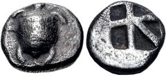 Greek ISLANDS off ATTICA, Aegina. Circa 480-457 BC. AR Obol (9mm, 0.94 g). Sea turtle / Incuse square with large skew pattern. Milbank pl. I, 7; HGC 6, 450. Fine, darkly toned, some minor granularity.