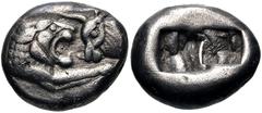 Greek KINGS of LYDIA. temp. Cyrus – Darios I. Circa 550/39-520 BC. AR Half Stater – Siglos (15mm, 5.24 g). Kroiseid type. Sardes mint. Confronted foreparts of lion right and bull left / Two incuse squ