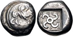 Greek DYNASTS of LYCIA. Teththiweibi. Circa 450-430/20 BC. AR Stater (17mm, 8.45 g). Winged lion at bay left on round shield-like field / Tetraskeles within square incuse. Müseler V, 42 var. (arrangem