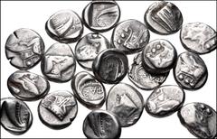 Large Lots GREEK. Asia Minor. Lot of twenty (20) AR Tetrobols of Phaselis in Lycia. All coins: Circa 500-440 BC. AR Tetrobol. Prow of galley / Stern of galley. Fine to VF. LOT SOLD AS IS, NO RETURNS. 