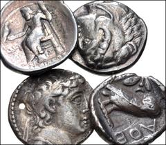 Large Lots GREEK. Miscellaneous. Lot of four (4) AR Tetradrachms. Includes: KINGS OF MACEDON, Alexander the Great // Philip III // ATTICA, Athens // SELEUKID KINGS, Demetrios II. Average Fine, deeply 