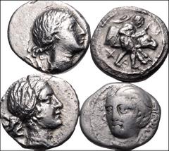 Greek THESSALY. Lot of four (4) silver coins. Includes: DEMETRIAS. AR Hemidrachm // KRANNON. AR Hemidrachm // MAGNETES. AR Hemidrachm // SKOTOUSSA. AR Hemidrachm. Fine–Good VF, mostly toned, some scat