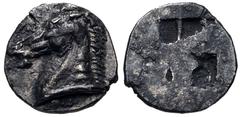 Greek WESTERN ASIA MINOR, Uncertain. 5th century BC. AR Tetartemorion (6mm, 0.20 g). Head of horse left / Incuse square. Cf. Tzamalis 92 (cruder style; Thraco-Macedonian mint); Klein -; Traité -; cf. 
