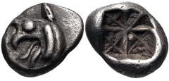 Greek IONIA, Phokaia. Circa 521-478 BC. AR Hemiobol (8mm, 0.43 g). Head of griffin left / Quadripartite incuse square with X in each quarter. Cf. SNG Kayhan 514-6 (hemidrachms); cf. SNG von Aulock 211