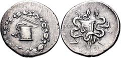 Greek LYDIA, Tralleis. Circa 166-67 BC. AR Tetradrachm (28mm, 12.57 g, 12h). Cistophoric standard. Struck 166-160 BC. Cista mystica within ivy wreath / Bow case between two serpents; TPAΛ to left; to 