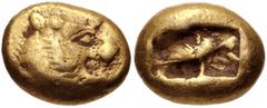 Greek KINGS of LYDIA. temp. Alyattes – Kroisos. Circa 620/10-550/39 BC. EL Trite – Third Stater (13mm, 4.70 g). Sardes mint. Head of roaring lion right, "sun" with multiple rays on forehead / Two squa