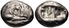 Greek KINGS of LYDIA. Kroisos. Circa 564/53-550/39 BC. AR Third Stater (13mm, 3.46 g). Sardes mint. Confronted foreparts of lion and bull / Two incuse squares of unequal size. Berk 24; SNG Ashmolean 7