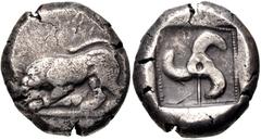 Greek DYNASTS of LYCIA. Uncertain dynast. Circa 480/70-430 BC. AR Stater (19mm, 8.86 g). Lion to left, devouring leg of bull / Triskeles; K in field; all within pelleted border within incuse square. M