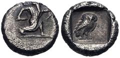 Greek CILICIA, Uncertain. 4th century BC. AR Tetartemorion (5mm, 0.18 g, 12h). Persian king or hero, wearing kidaris and kandys, in kneeling-running stance right, holding dagger in right hand, bow in 