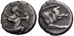 Greek PERSIA, Achaemenid Empire. temp. Artaxerxes II to Darios III. 4th century BC. AR Hemiobol (7.5mm, 0.51 g, 4h). Uncertain mint in Ionia or Caria. Persian king or hero, wearing kidaris and kandys,