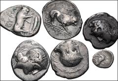 Large Lots GREEK. Magna Graecia & Sicily. Lot of six (6) Lucanian silver coins. Mostly nomoi/staters. Includes: Thurioi (2) // Velia (4). Fine or slightly better, some porosity, scratches, and metal f