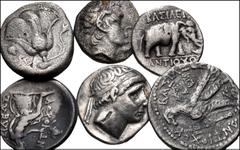 Large Lots GREEK. Miscellaneous. Lot of six (6) silver coins. Lot comprised of five Seleukid issues (4 drachms, 1 didrachm) and a didrachm of Rhodes. Average Fine, some roughness/porosity and scratche