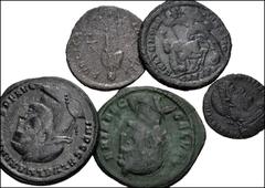 Large Lots ROMAN. Imperial. Lot of five (5) late Roman bronzes. Includes: Galerius // Galeria Valeria // Constantius II // Valentinian I // Aelia Flacilla. Average VF some smoothing and roughness. LOT