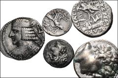 Large Lots MIXED. Greek–Oriental Greek. Lot of five (5) AR denominations. Includes: Two Seleukid AR drachms (one each of Alexander I and Antiochos VI) and two Parthia BI tetradrachms (one each of Arta
