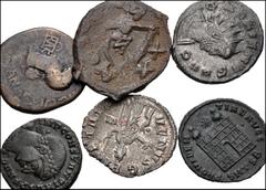 Large Lots MIXED. Roman Provincial–Byzantine. Lot of six (6) AR and Æ denominations. Includes: Kings of Bosporus, Kotys I. Claudius, with Agrippina Jr. Æ // Antoninianus each of Gallienus and Salonina