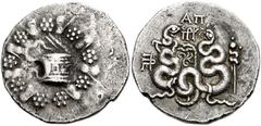 MYSIA, Pergamon. Circa 133-67 BC. AR Cistophoric Tetradrachm (26mm, 12.14 g). Struck circa 76 BC. Cista mystica with serpent; all within ivy wreath / Bow-case with serpents; AP, monogram and star abov