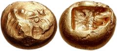 KINGS of LYDIA. Alyattes II to Kroisos. Late 7th-mid 6th century BC. EL Third Stater - Trite (12mm, 4.74 g). Head of roaring lion right, sun with four rays on forehead / Double incuse punch. Weidauer 