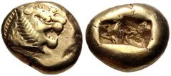 Greek KINGS of LYDIA. temp. Alyattes – Kroisos. Circa 620/10-550/39 BC. EL Trite – Third Stater (12.5mm, 4.70 g). Sardes mint. Head of roaring lion right, "sun" with multiple rays on forehead / Two sq
