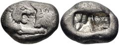 Greek KINGS of LYDIA. Kroisos. Circa 564/53-550/39 BC. AR Hemistater (16mm, 5.18 g). Sardes mint. Confronted foreparts of lion and bull / Two square punches of unequal size. Berk 23; SNG Ashmolean 763