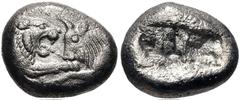Greek KINGS of LYDIA. Kroisos. Circa 564/53-550/39 BC. AR Third Stater (12mm, 3.38 g). Sardes mint. Confronted foreparts of lion and bull / Two incuse squares of unequal size. Berk 24; SNG Ashmolean 7