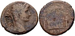 Roman Imperial Augustus. 27 BC-AD 14. Æ As (25.4mm, 9.82 g, 2h). Lugdunum (Lyon) mint. Struck 10-7(?) BC. Laureate head right; countermark: QVA within rectangular incuse / Front elevation of the Altar