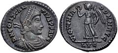 Roman Imperial Constantius II. AD 337-361. AR Siliqua (17.5mm, 2.23 g, 6h). Lugdunum (Lyon) mint. Struck AD 360-361. Pearl-diademed, draped, and cuirassed bust right / Victory advancing left, holding 