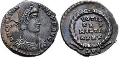 Roman Imperial Constantius II. AD 337-361. AR Siliqua (17mm, 2.13 g, 6h). Lugdunum (Lyon) mint. Struck AD 360-361. Pearl and rosette-diademed, draped, and cuirassed bust right / VOTIS/ XXX/ MVLTIS/ XX