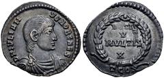 Roman Imperial Julian II. As Caesar, AD 355-360. AR Siliqua (19mm, 1.80 g, 12h). Arelate (Arles) mint, 3rd officina. Bareheaded, draped, and cuirassed bust right / VOTIS/ V/ MVLTIS/ X in four lines wi