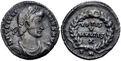 Roman Imperial Julian II. AD 360-363. AR Siliqua (17.5mm, 2.17 g, 12h). Treveri (Trier) mint. Pearl-diademed, draped, and cuirassed bust right / VOTIS/ V/ MVLTIS/ X in four lines within wreath; TR. RI