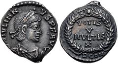 Roman Imperial Julian II. AD 360-363. AR Siliqua (16mm, 2.13 g, 6h). Arelate (Arles) mint, 1st officina. Struck AD 360-361. Pearl-diademed, draped, and cuirassed bust right / VOTIS/ V/ MVLTIS/ X withi