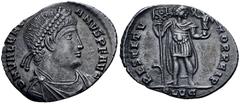 Roman Imperial Valentinian I. AD 364-375. AR Siliqua (18mm, 1.91 g, 6h). Lugdunum (Lyon) mint, 2nd officina. Struck AD 364-367. Pearl-diademed, draped, and cuirassed bust right / Valentinian standing 