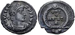 Roman Imperial Valens. AD 364-378. AR Siliqua (18mm, 2.17 g, 6h). Rome mint, 3rd officina. Struck AD 364-367. Pearl diademed, draped, and cuirassed bust right / VOT/ V/ MV•LT/ X in four lines within w