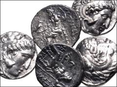 Large Lots CELTIC. Eastern European. Lot of five (5) AR Tetradrachms imitating Alexander III 'the Great'. All coins: Eastern Europe(?). Circa 2nd century BC. AR Tetradrachm. Head of Herakles right, we