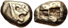 Greek KINGS of LYDIA. temp. Alyattes – Kroisos. Circa 620/10-550/39 BC. EL Trite – Third Stater (14mm, 4.70 g). Sardes mint. Head of roaring lion right, "sun" with multiple rays on forehead / Two squa