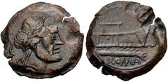 Roman Republican C. Servilius Vatia. 127 BC. Æ Semis (22.9mm, 8.56 g, 9h). Rome mint. Laureate head of Saturn right; S (mark of value) to left / Prow of galley right; S (mark of value) to right, ROMA 