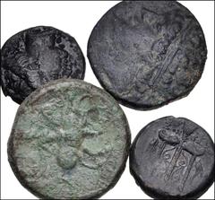 Large Lots GREEK. Magna Graecia & Sicily. Lot of four (4) Syracusan bronzes of Hieron II. Includes: Æ 19mm. Head of Poseidon left / Trident // Æ 19mm. Head of Persephone left / Bull butting left; club